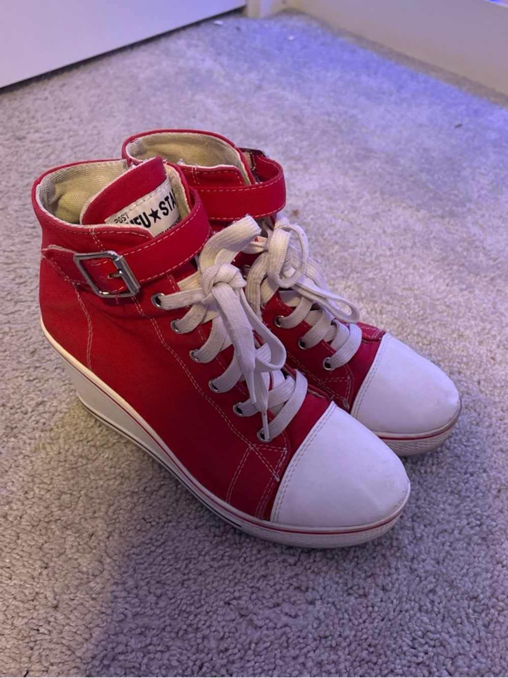 Red High-Top Wedge Sneakers with White Toe
